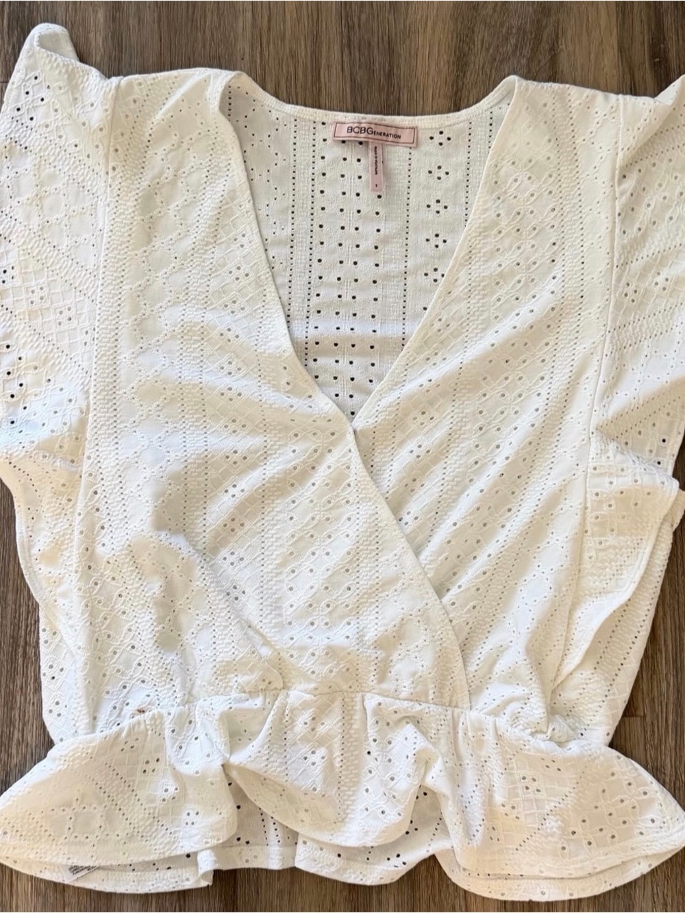 BCBGeneration White Eyelet Wrap Peplum Blouse